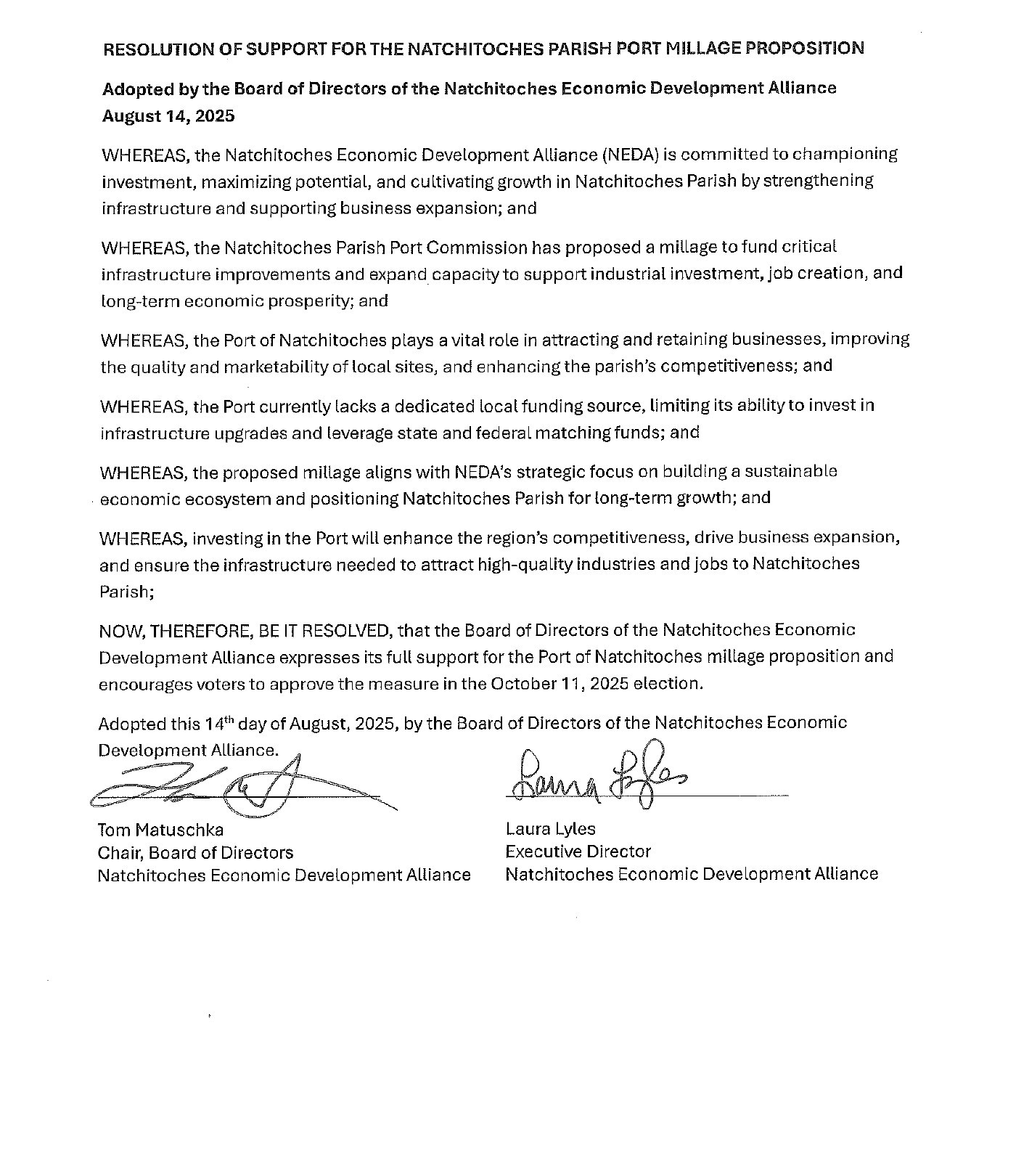 NEDA resolution of support